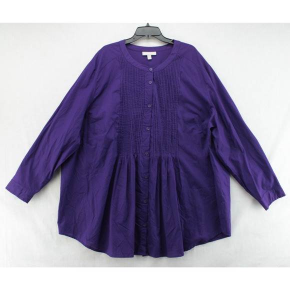 Woman Within Tunic Shirt Woman's 5X Purple Pintuck Button Up Cotton Long Sleeve - Picture 1 of 8